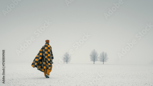 Minimalist surreal portrait of person in oversized geometric coat walking across winter field, artistic fashion scene for editorial design use