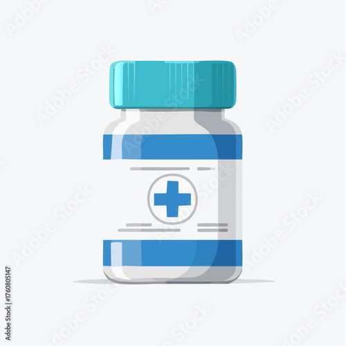 Medical bottle with blue cap and cross symbol on white background viewed from the front