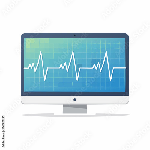 Computer monitor displaying an electrocardiogram graph on a blue gradient screen, viewed from the front, showing a medical illustration, in a clinical environment.