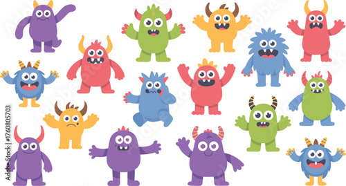 cute cartoon monster collection, colorful funny creatures with horns, adorable kids fantasy characters, playful vector illustration for children, halloween design set