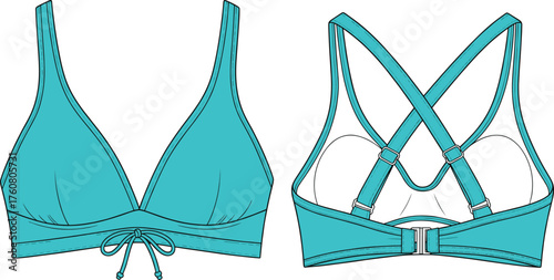 Turquoise bikini top, swimwear fashion, front and back view, crisscross straps, adjustable sliders, clasp closure, garment design, summer beachwear illustration