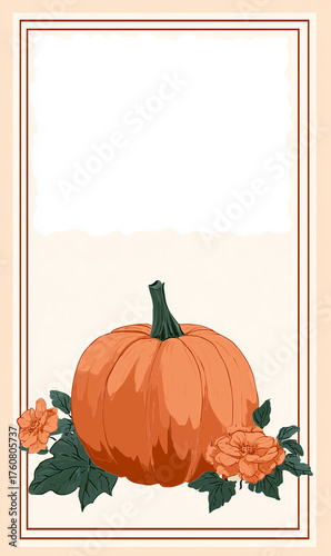 A design for a garden flag with a pumpkin in the center and a simple blank area for text at the top and bottom. Thanksgiving Day.
