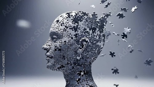 Puzzle Head Silhouette with Fragmented Pieces on Gray Background Depicting Cognitive Decline Medical Animation Visualizing Alzheimer's Disease and Dementia Awareness Advocacy