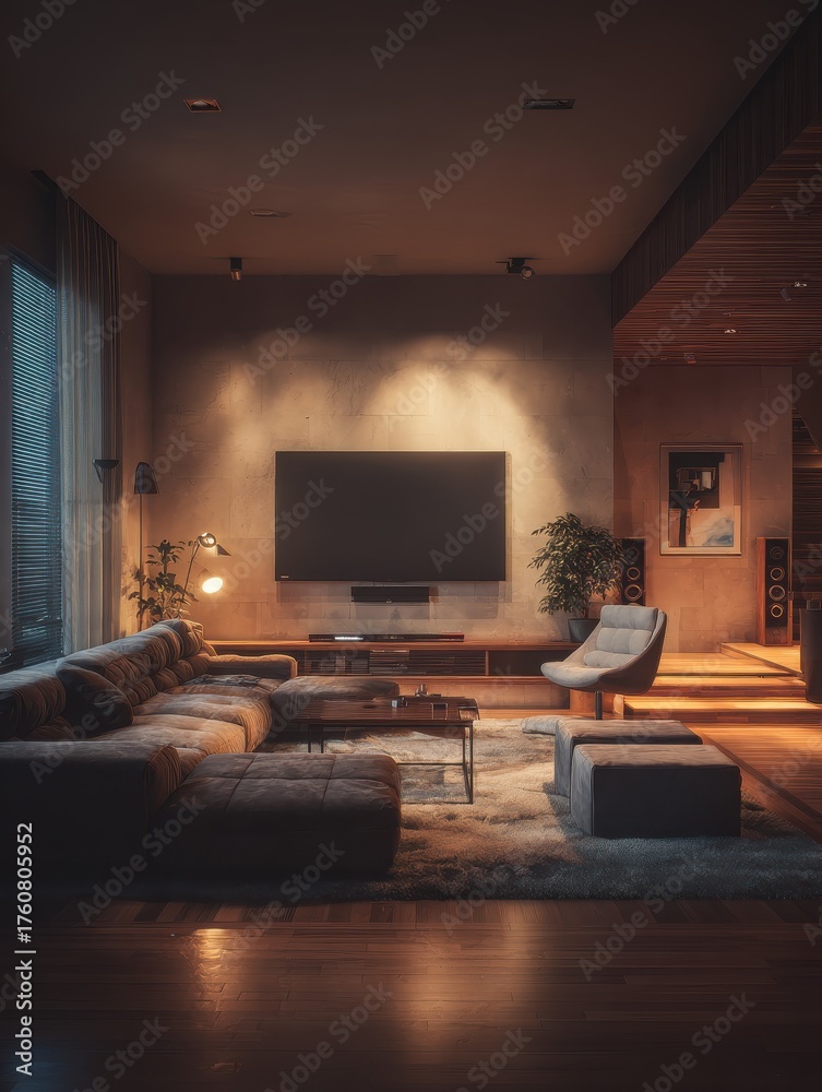 Fototapeta premium warm and inviting home interior with entertainment setup and modern furniture