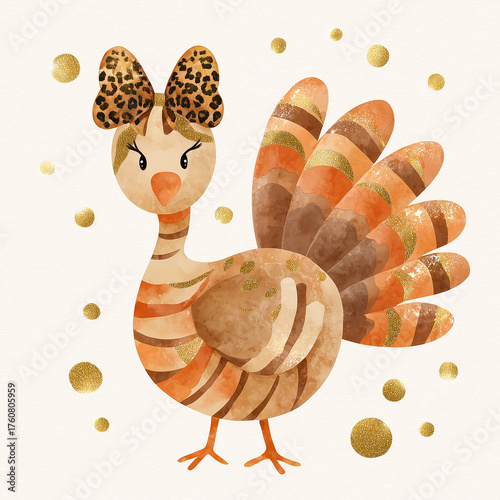 A whimsical full-length illustration of a turkey in a fun watercolor style. Festive atmosphere. White background with golden baubles. Thanksgiving Day.
