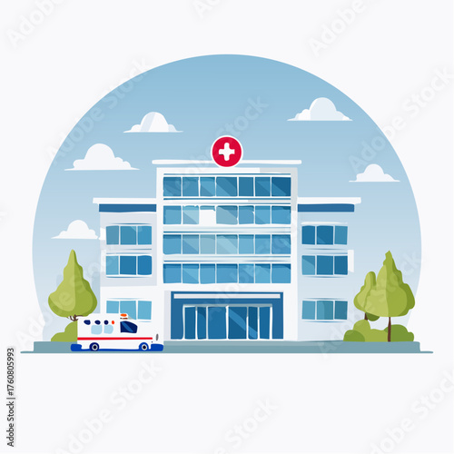 Modern hospital building with ambulance outside under a clear blue sky with trees
