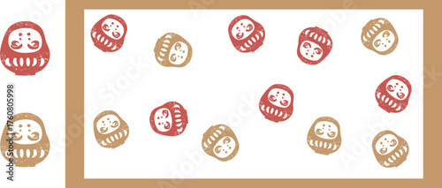 だるまの版画風イラストとパターン素材　正月アイコン　スタンプ　年賀状