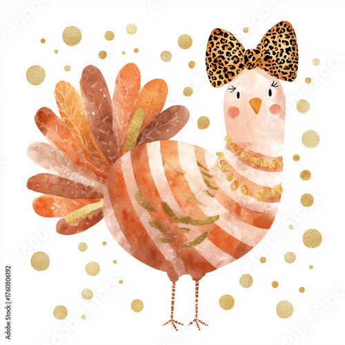 A whimsical full-length illustration of a turkey in a fun watercolor style. Festive atmosphere. White background with golden baubles. Thanksgiving Day.