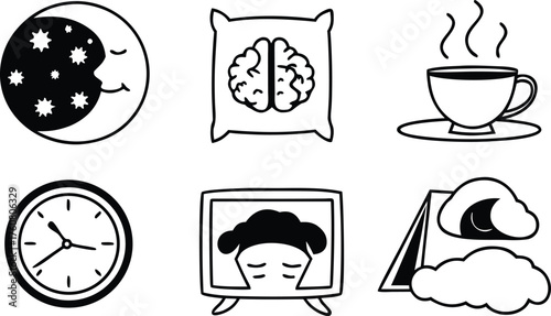 Calm Sleep and Relaxation Icons – Bedtime, Meditation, Dream, and Wellness Vector Collection
