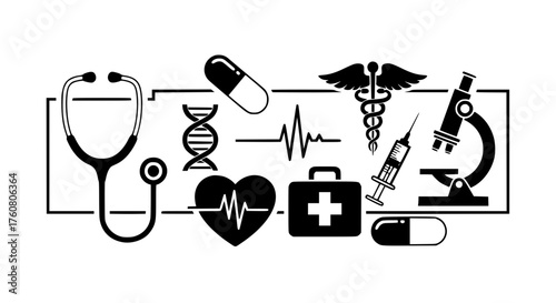 Medical symbols and equipment for healthcare and science professions