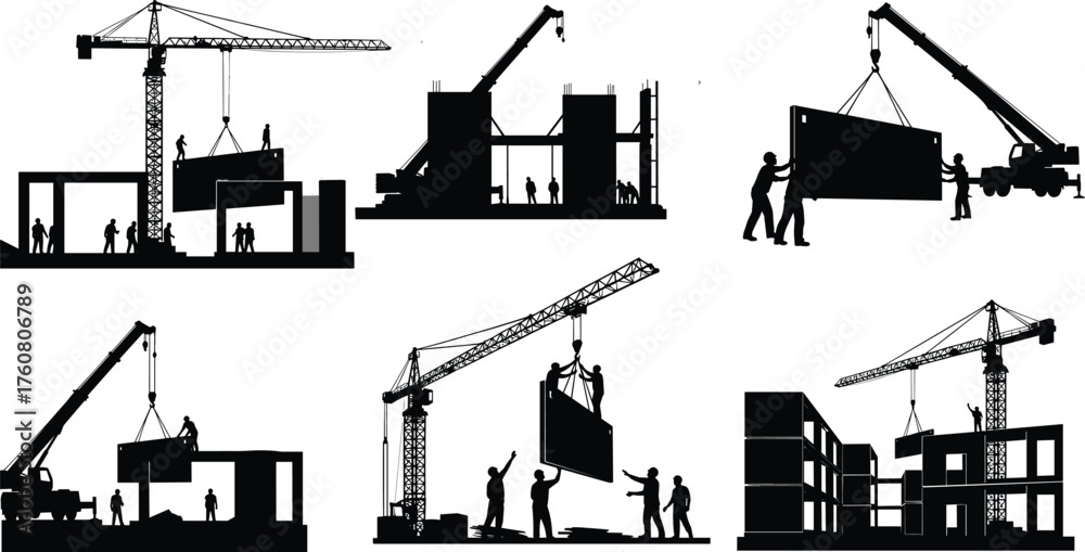 Naklejka premium Silhouette vector illustration of construction workers with cranes and trucks lifting panels, teamwork, heavy machinery, building structures, labor, infrastructure, and industry