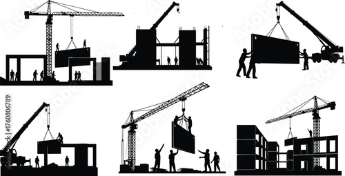 Silhouette vector illustration of construction workers with cranes and trucks lifting panels, teamwork, heavy machinery, building structures, labor, infrastructure, and industry