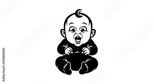 Surprised Baby with Wide Eyes and Open Mouth Sitting Down