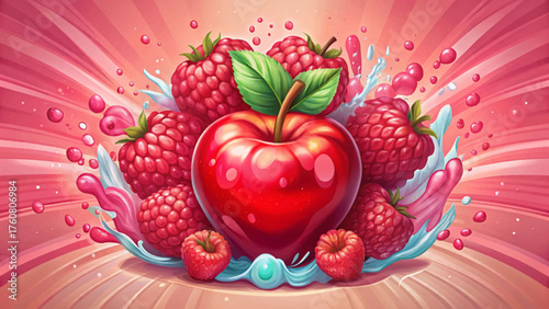 Very beautiful vector cartoon illustration of a red apple with sparkling water droplets surrounded by fresh raspberries on a soft pink background with abstract shapes, radiating freshness and playful 