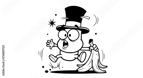 Cartoon character wearing a top hat slipping on a banana peel