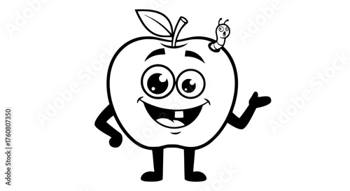 Happy Apple Character with a Worm Friend on its Head