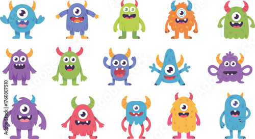 cute cartoon monsters collection, colorful funny fantasy creatures with horns, adorable kids character design, playful vector illustration for children, halloween art