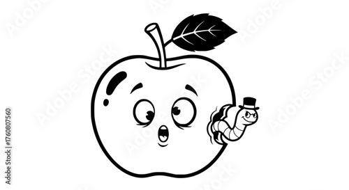 Surprised Apple with Worm Emerging from its Core Wearing a Top Hat