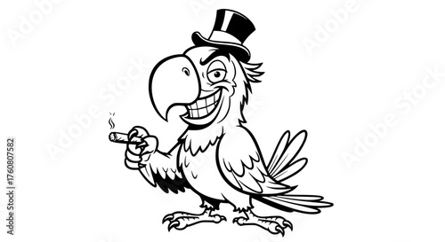 Cartoon Parrot With Top Hat Smoking Cigar Laughing