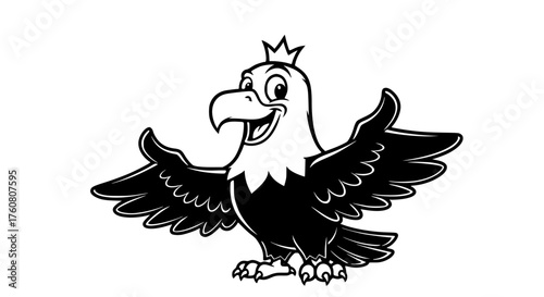 Happy cartoon eagle with crown spreads wings