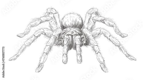 Detailed pencil drawing of a hairy tarantula spider, black and white sketch art, arachnid illustration, creepy insect close-up