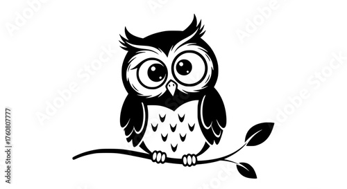 Cute Black and White Owl Illustration Sitting on a Tree Branch with Leaves