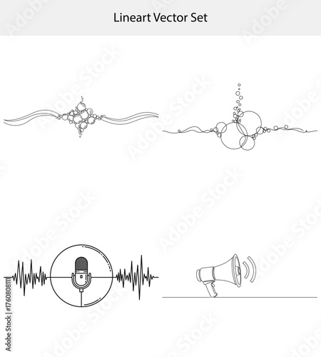 Line Art Set Bubbles, Microphone Sound Wave, Megaphone, Continuous Line Drawing