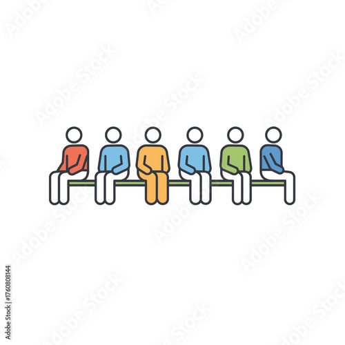 Group of people sitting on a bench waiting together in a row.