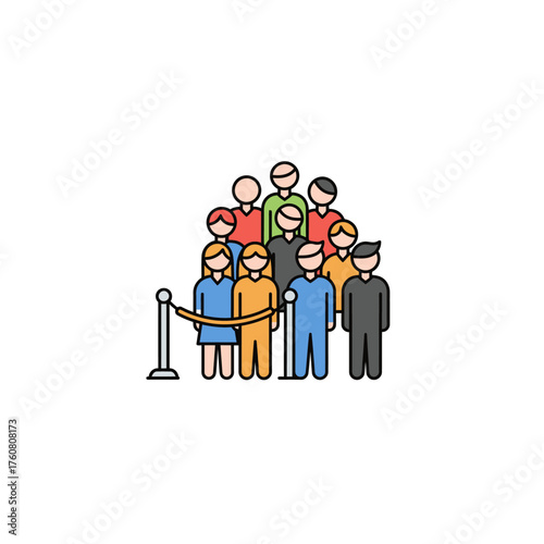 Group of people standing behind a rope barrier waiting in line.