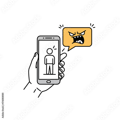 Hand holding a smartphone with an angry message bubble icon.