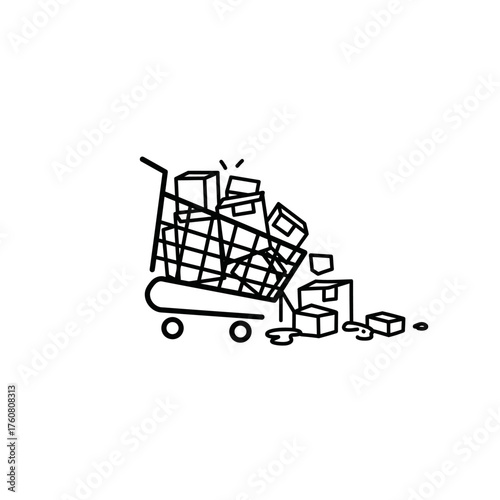 Shopping Cart Overloaded with Boxes and Products Spilling Out.