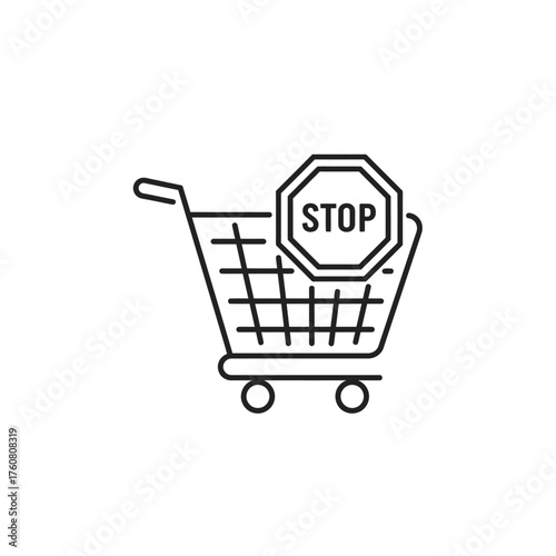 Shopping cart with stop sign indicating halt to purchases and transactions.