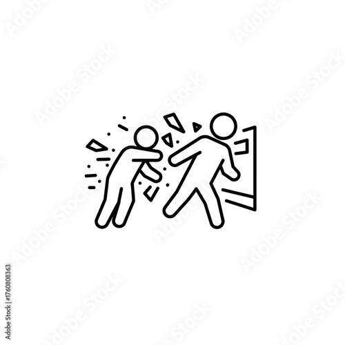 Two figures in a struggle near a broken object.