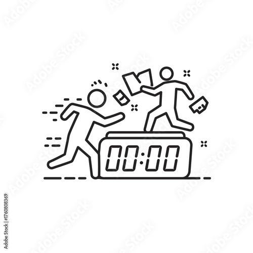 Two people running on a digital clock representing a deadline.