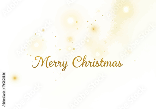 Golden Merry Christmas text with bokeh lights and dots on a white background