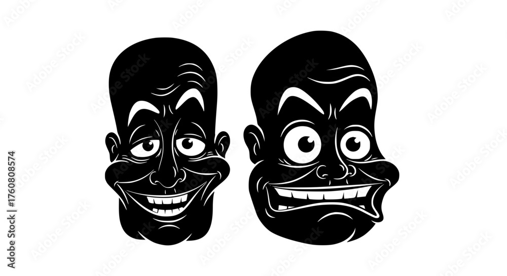 Fototapeta premium Two Exaggerated Black and White Faces with Wide Grins