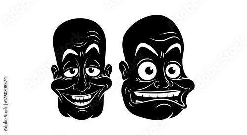 Two Exaggerated Black and White Faces with Wide Grins
