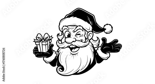 Jolly Santa Claus Holding a Gift and Winking