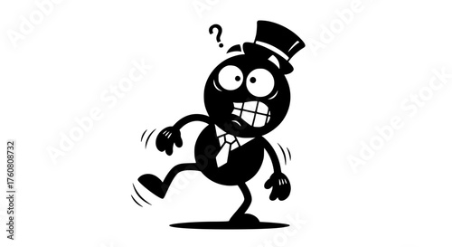 Confused cartoon man in a suit and hat with question mark