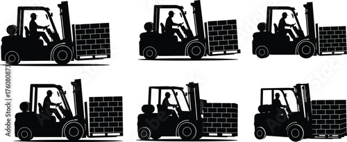 Silhouette vector illustration of forklifts carrying brick loads with operators, warehouse logistics, material handling, construction, industry, transportation, safety, and labor