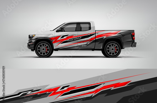 Red and gray pickup truck wrap design with aggressive dynamic stripes. Ideal for racing or performance truck wraps. Provided in editable vector EPS format.