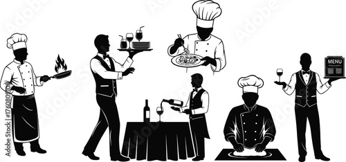 Restaurant staff, chef cooking, waiter serving, culinary teamwork, food preparation, kitchen activity, hospitality service, gourmet dining, restaurant roles, black and white illustration