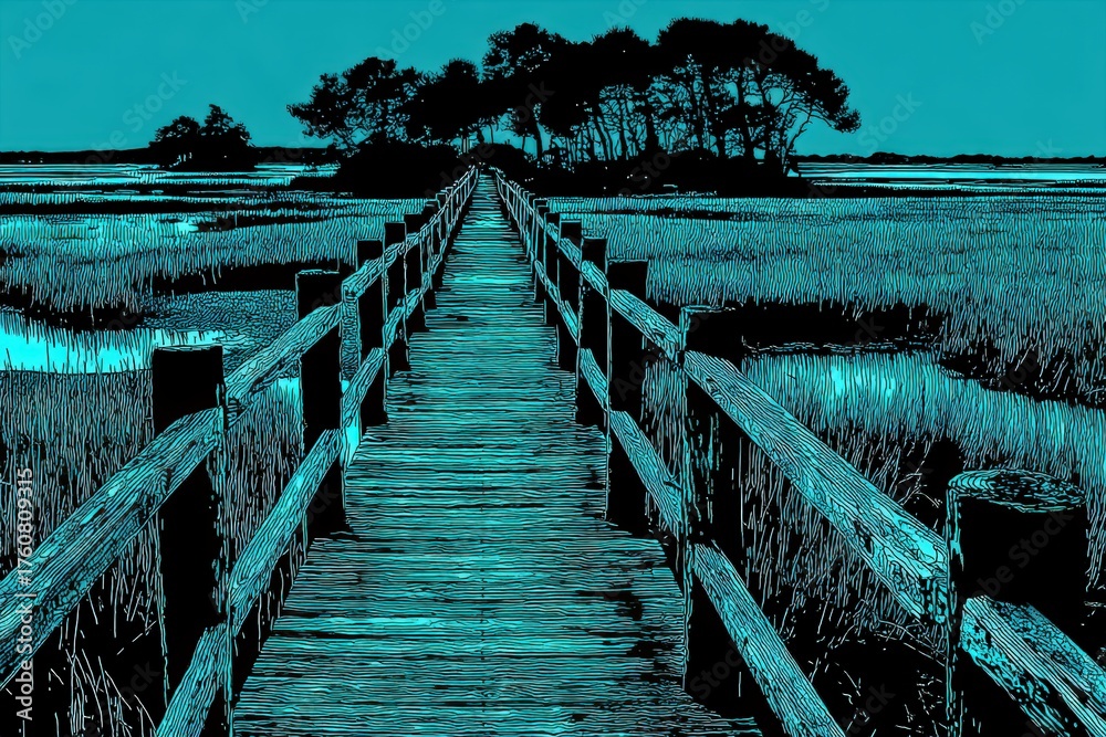 Fototapeta premium Tranquil wooden boardwalk leading through a lush marsh landscape under an enchanting turquoise sky evoking a serene exploration of nature's untouched beauty captured with clarity