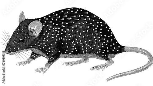 Detailed black and white illustration of a small, spotted rodent with a long tail, resembling a rat or mouse. Scientific wildlife drawing.