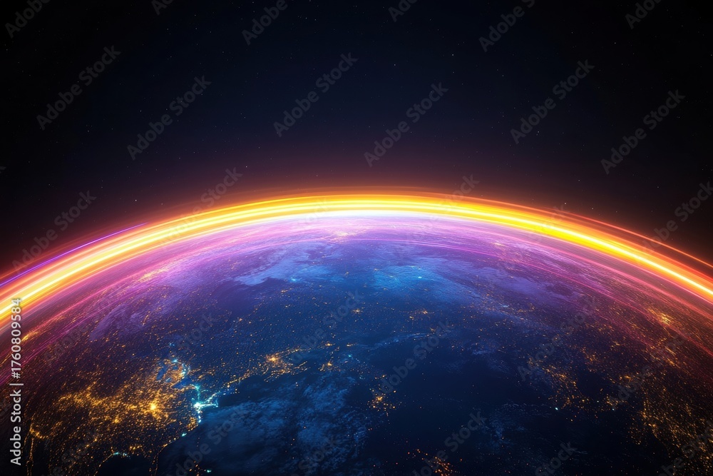 Obraz premium Global Radiance: A breathtaking cosmic vista showcasing Earth enveloped in a mesmerizing corona, radiating vibrant energy, and illuminating the expanse of space.