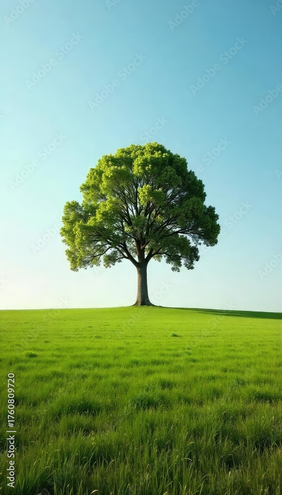 Obraz premium Serene Solitude A Perfectly Symmetrical Tree in a Vast, Peaceful Grassland under a Clear Sky