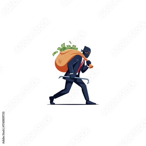 Burglar with bag of money and crowbar walking