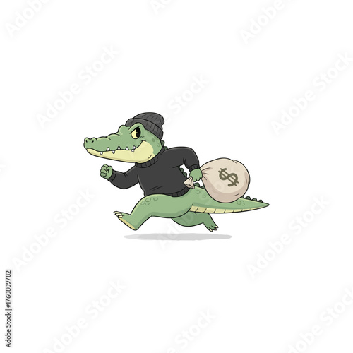 Cartoon alligator thief running with a money bag