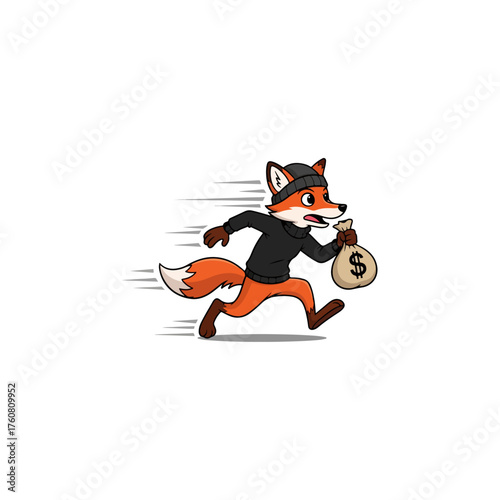 Cartoon fox thief running with money bag