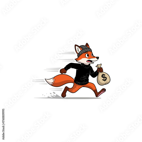 Cartoon fox with a bag of money running away